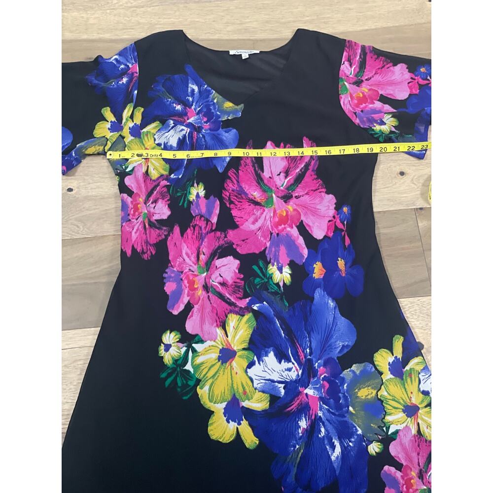 Serengeti Size L Maxi Dress Black Multicolor Floral Chiffon Lined Short Sleeves - Picture 5 of 7